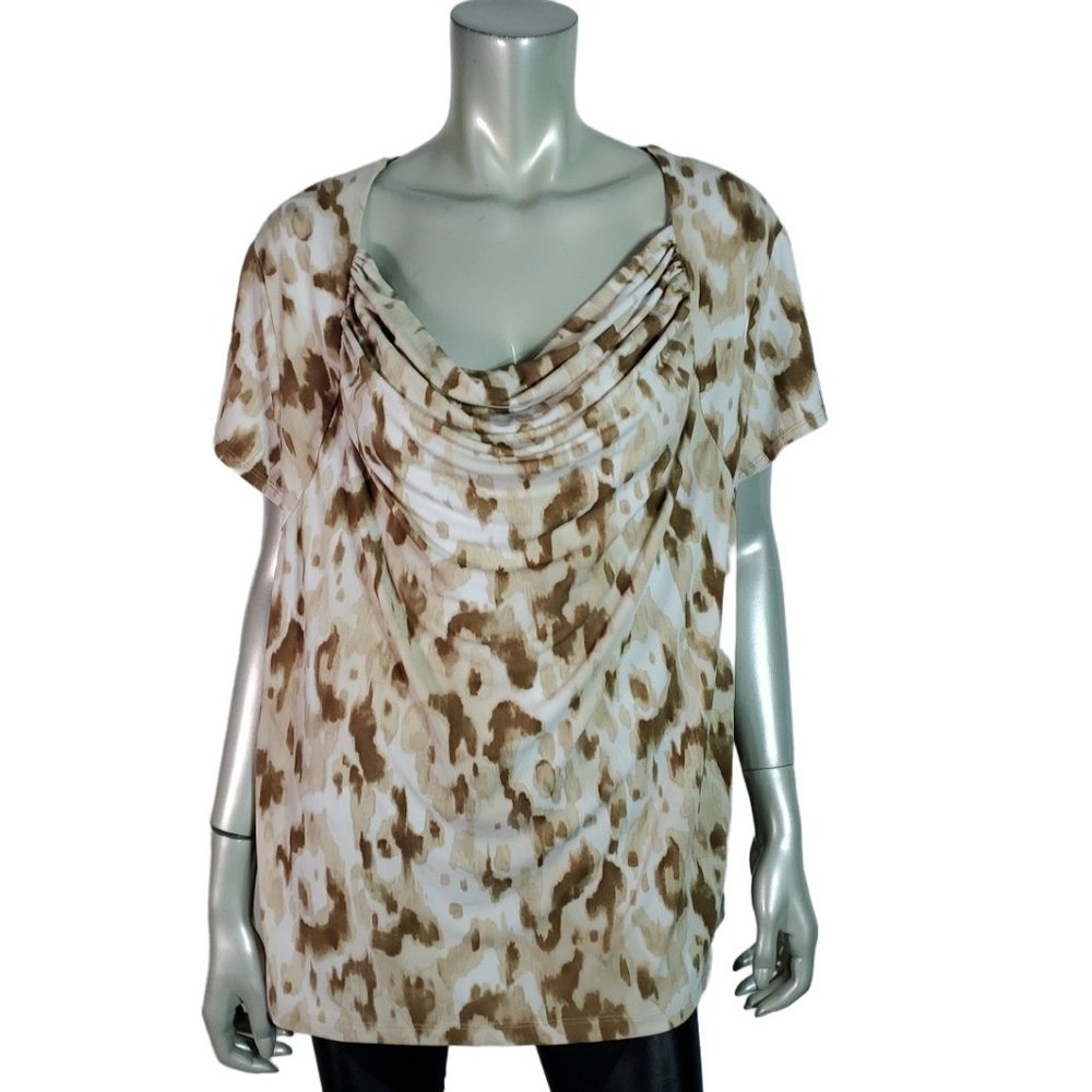 Evan Picone Top Plus Size 3X Draped Neck Stretch Short‎ Sleeve Casual Brown